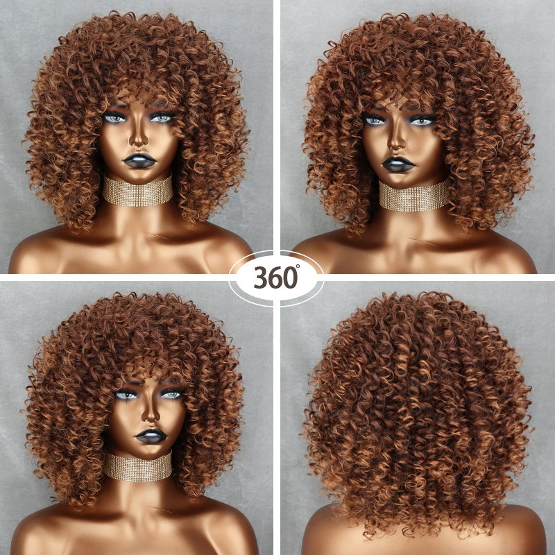 Xinran Brown Curly Afro Wig for Black Women,Short Kinky Curly Wig with Bangs,Synthetic Afro Full Hair Wig 14inch(Light Brown) - Image 4
